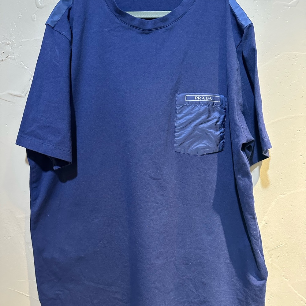 Prada Mens Nylon Pocket Logo T Shirt Medium Navy Blue Cotton Short Sleeve-MINT! - Picture 2 of 6